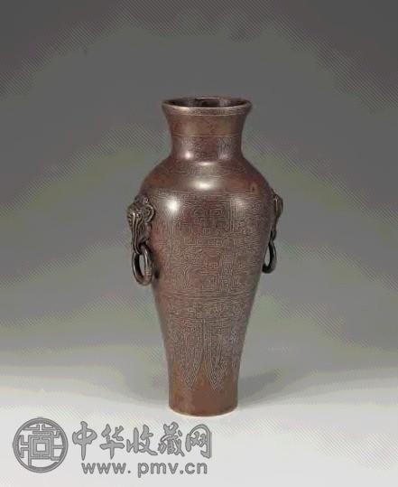元気清 石叟款铜嵌银丝狮耳瓶 中国 古美術 その他