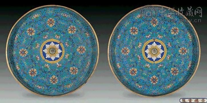 清中期 铜胎钳丝桢琅缠枝莲纹盘(1对)