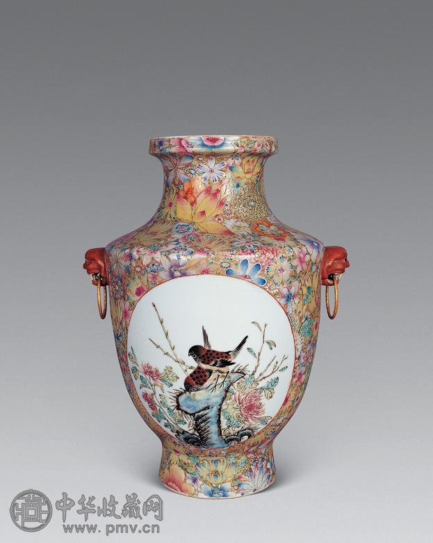 民国 粉彩白花地开光花鸟双耳尊