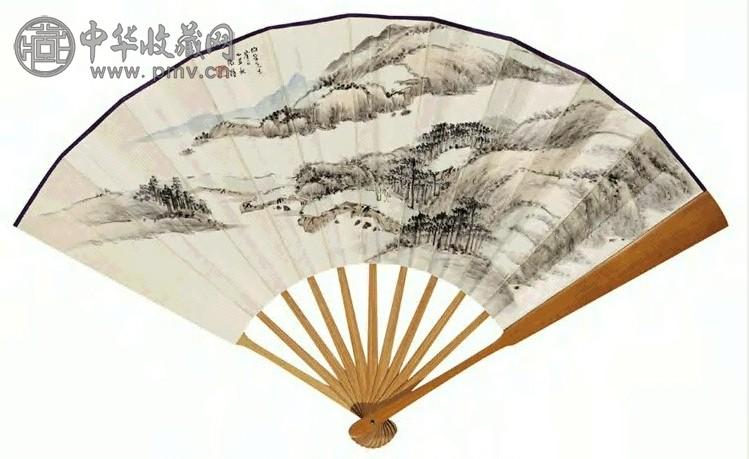 汤涤 携琴望云图并行书五言诗 成扇