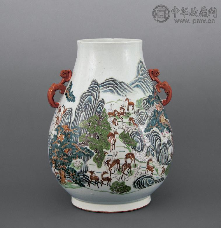 清光绪 粉彩百鹿双龙耳大尊