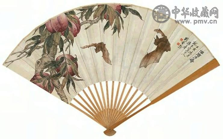 刘奎龄 福寿图 成扇 设色纸本