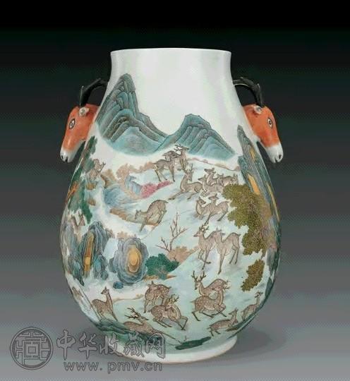 清光绪 粉彩百鹿图鹿头尊