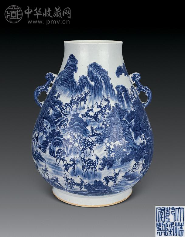 清 青花山水百鹿尊