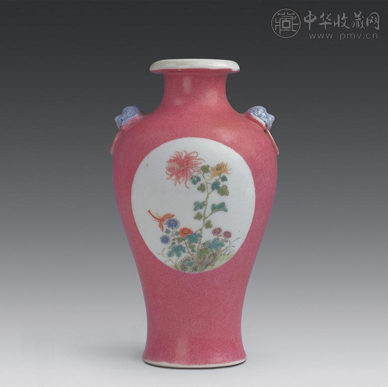 民国 胭脂水釉轧道开光花鸟兽耳尊