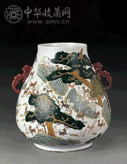 清光绪 粉彩百鹿双耳尊