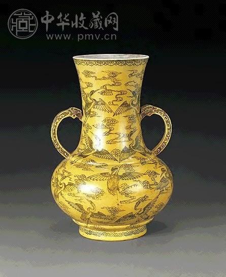 清光绪 黄底褐釉云鹤纹双耳尊