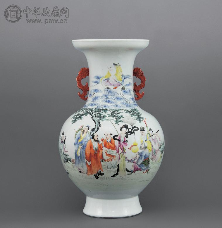 民国 粉彩群仙祝寿纹双耳尊