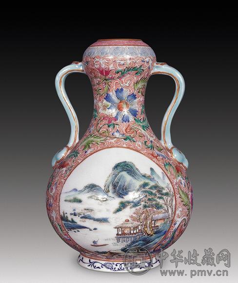 民国 粉彩开光如意耳葫芦尊