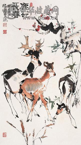 鹿苑长春 立轴 设色纸本