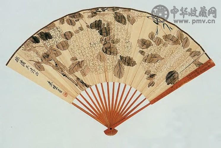 来楚生 近现代 绣球花、行书 扇面