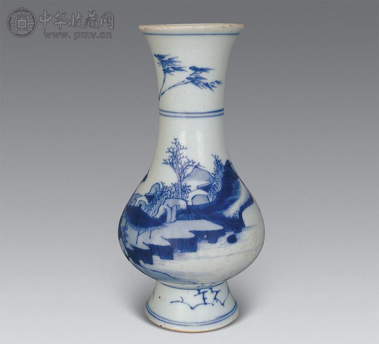 清康熙 青花山水渔乐枇把尊