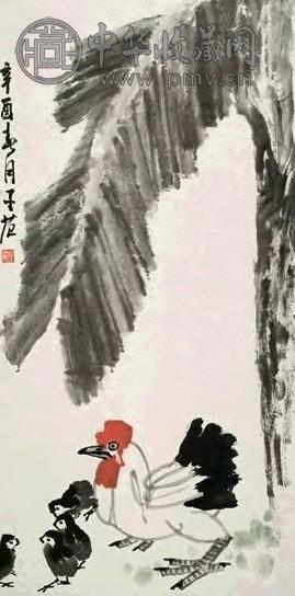 崔子范 1981年作 芭蕉群鸡图 立轴 设色纸本