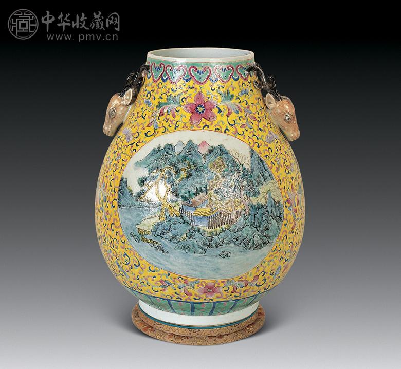 清光绪 粉彩开光山水纹鹿头尊