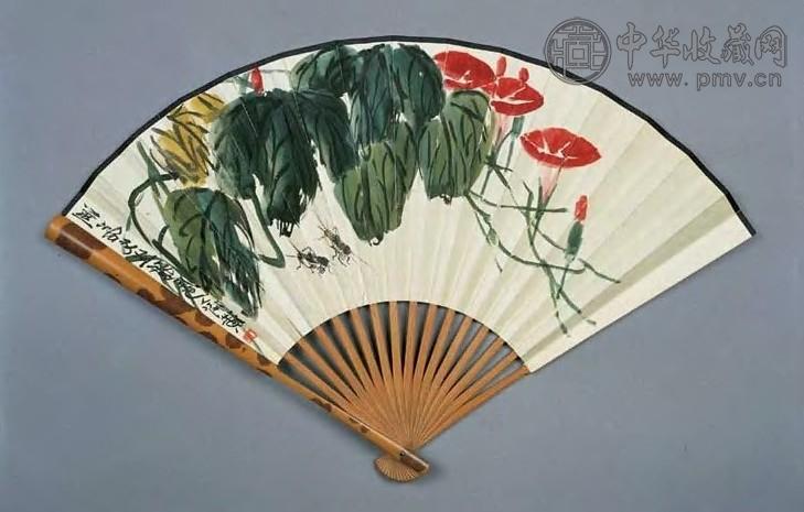 齐白石 牵牛蟋蟀 扇面 设色纸本