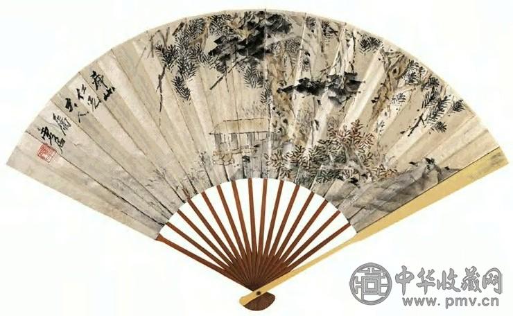 虚谷 虬松秋居图、楷书 成扇 纸本设色