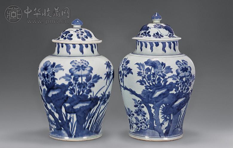 清顺治 青花花鸟将军罐(1对)