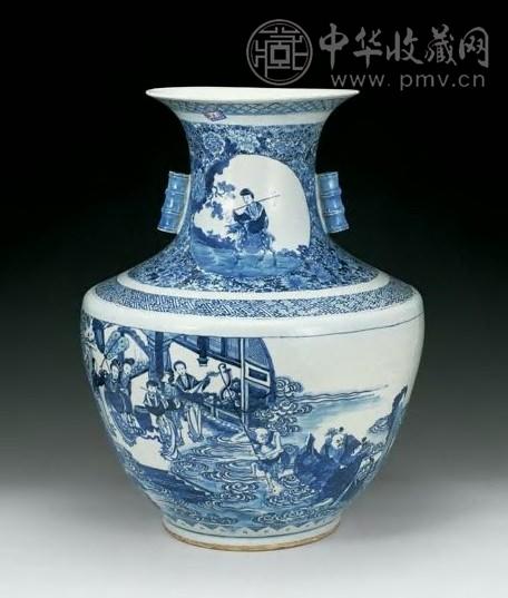 清道光 青花人物贯耳尊