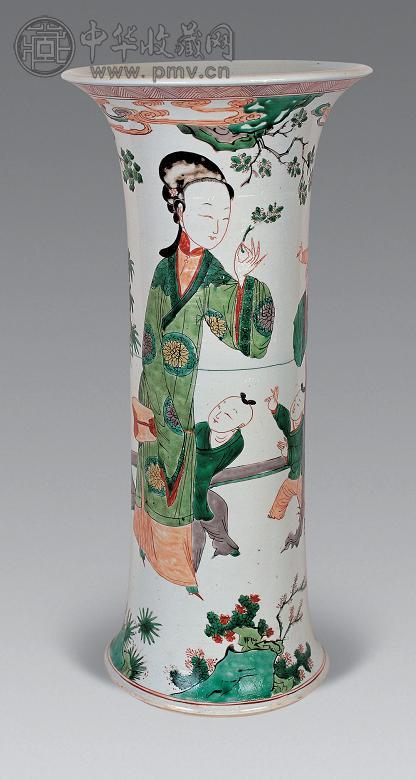 清康熙 五彩美女教子纹筒觚