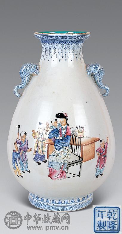 民国 粉彩仕女婴戏纹象耳尊