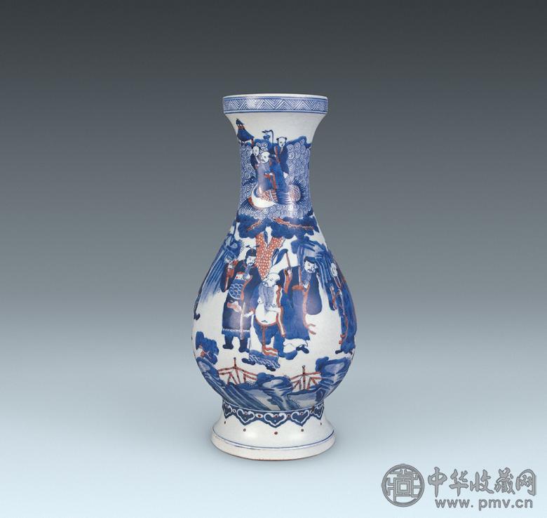 清 青花加紫人物纹琵琶尊