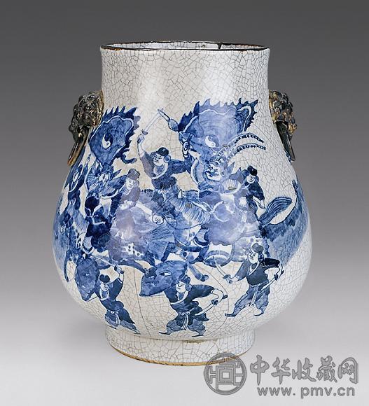 清 哥釉青花人物纹兽耳尊