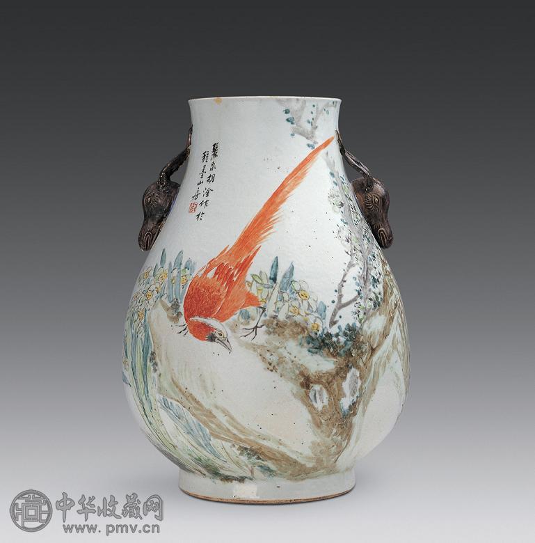 清晚期 胡淦绘浅绛彩花鸟鹿头尊