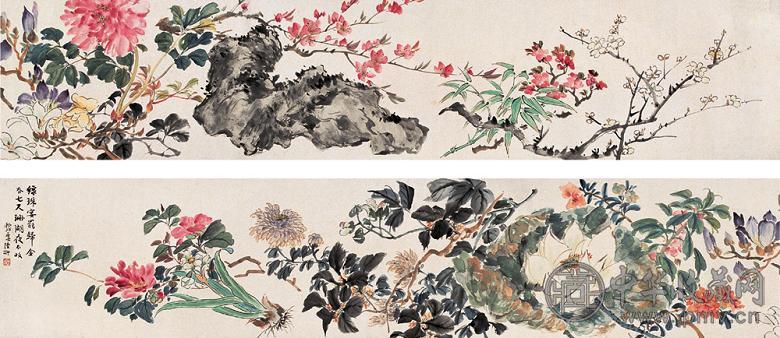 陆抑非 百花图 手卷 设色纸本