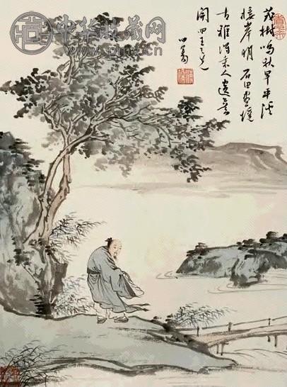 溥儒 茂树平溪 镜心 设色纸本