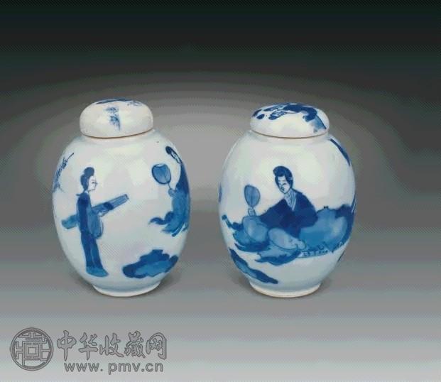 清康熙 青花携琴仕女图莲子罐