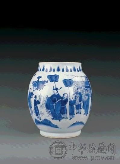 清顺治 青花人物故事纹莲子罐