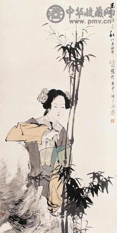 任伯年 庚辰(1880年) 纨扇仕女 立轴 设色纸本