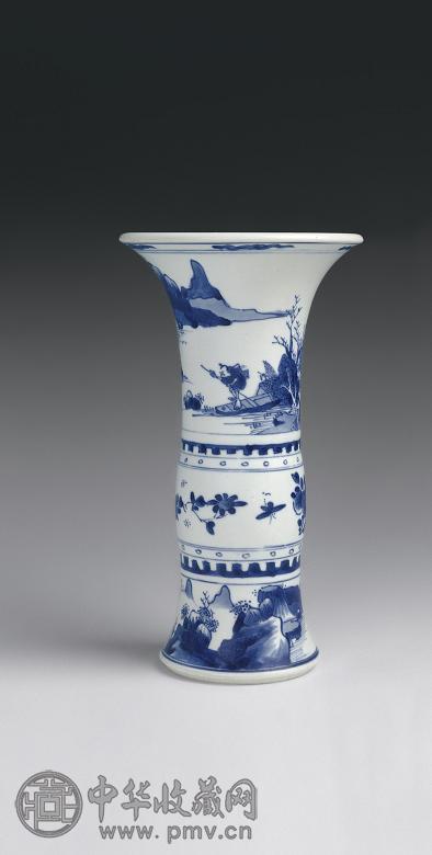 清康熙 青花山水人物花蝶纹花觚