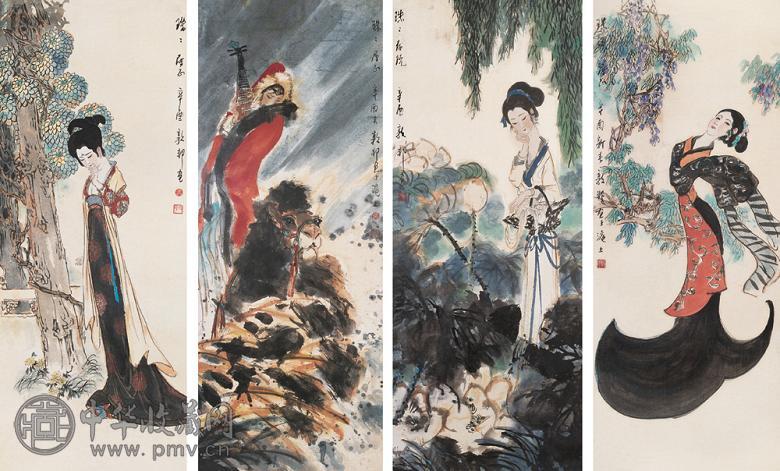 戴敦邦 辛酉(1981年)作 仕女 四屏 纸本