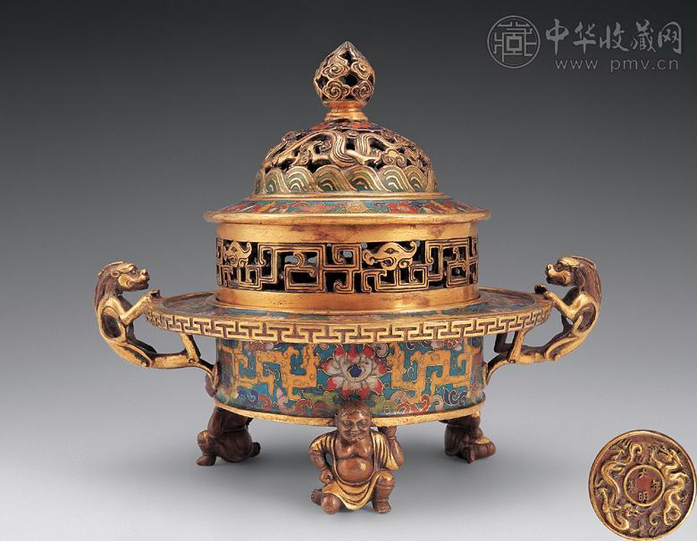 清乾隆 铜胎珐琅三足香熏
