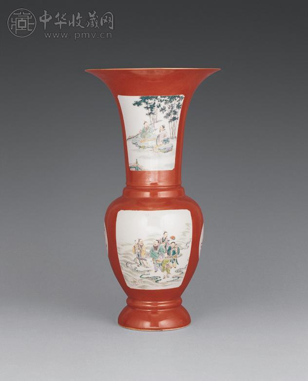 清中期 矾红粉彩开光人物凤尾尊