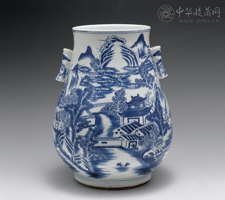 清乾隆 青花山水贯耳尊