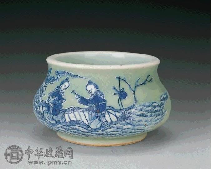 清同治 豆青青花加白人物纹香炉