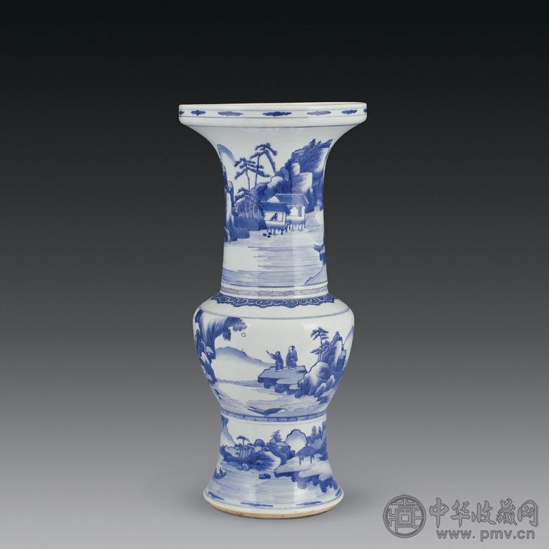 清康熙 青花山水人物花觚