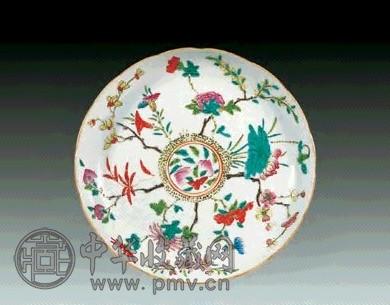 清道光 粉彩花卉花口盘