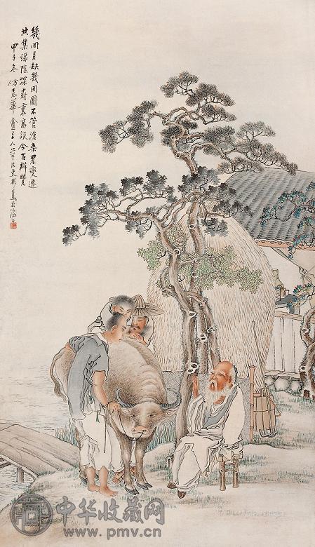 钱文彬 甲子(1924年)作 绿阴高谈图 立轴 设色纸本