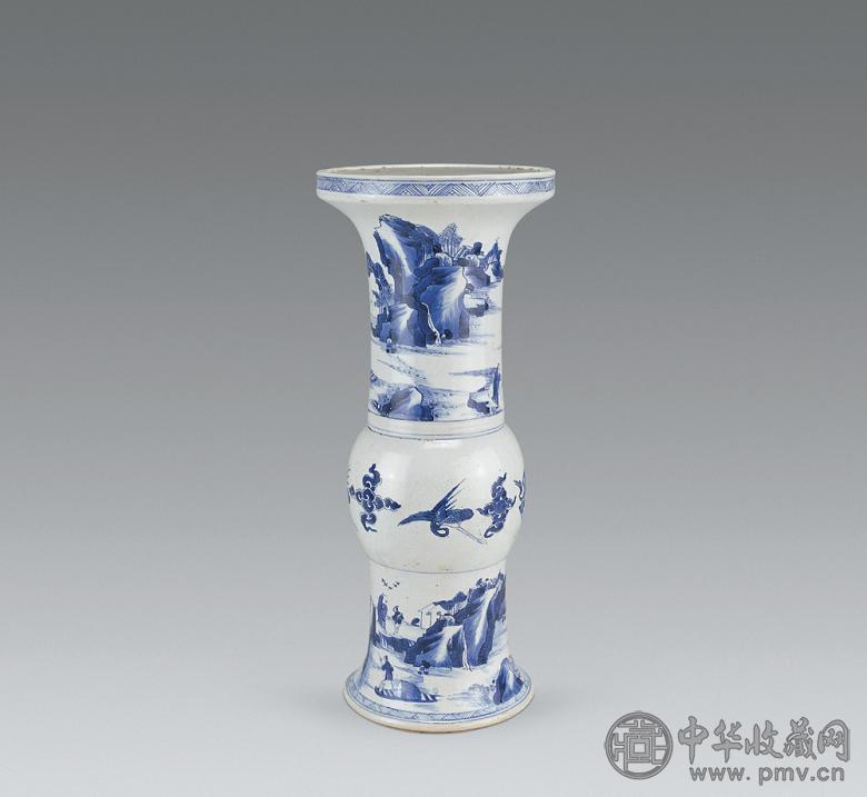 清康熙 青花山水人物纹花觚