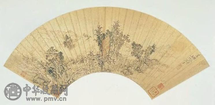 张宏 1633年作 问道图 扇面 设色金笺