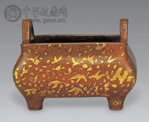 清 铜洒金双耳方炉