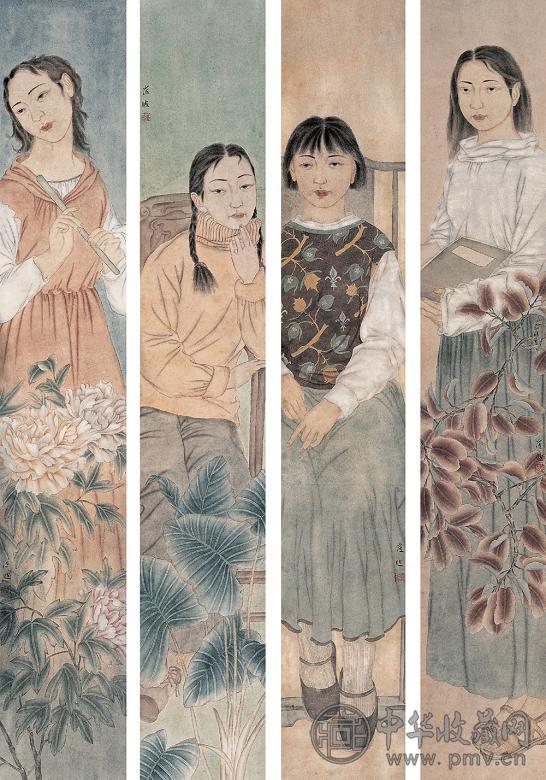 崔进 工笔人物 四屏 设色纸本