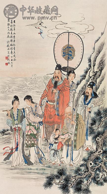 程汉 丁丑(1937年)作 福禄寿 立轴 设色纸本