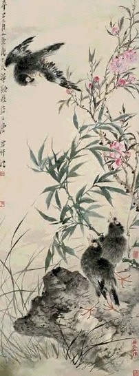 唐云 1941年作 桃花鸣雀图 立轴 设色纸本