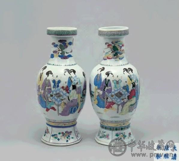 清 五彩仕女琴棋歌舞纹观音尊(1对)