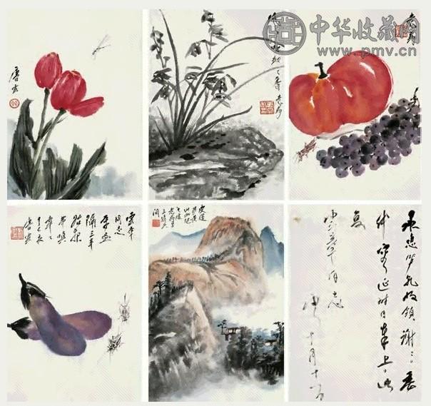 唐云 1977年 山水花鸟集 册页(12开选6) 纸本设色