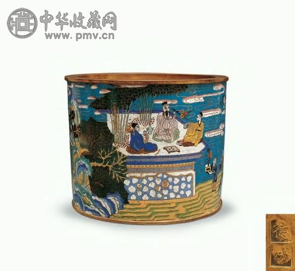 清 铜胎掐丝珐琅人物楼阁纹笔筒